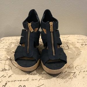 SOLD Blue and tan wedges with zipper detail!